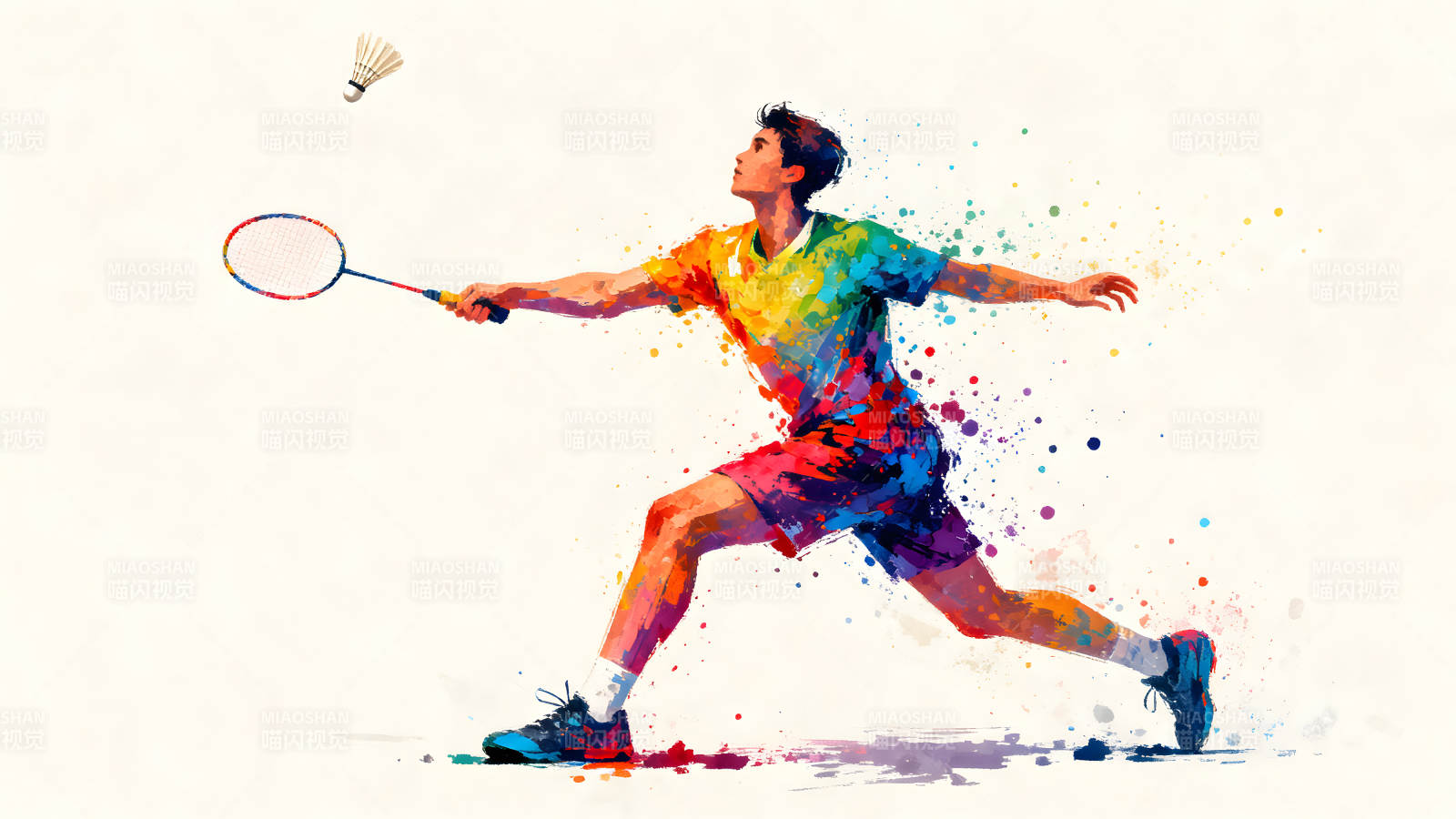 羽毛球选手挥拍瞬间水彩风格图片