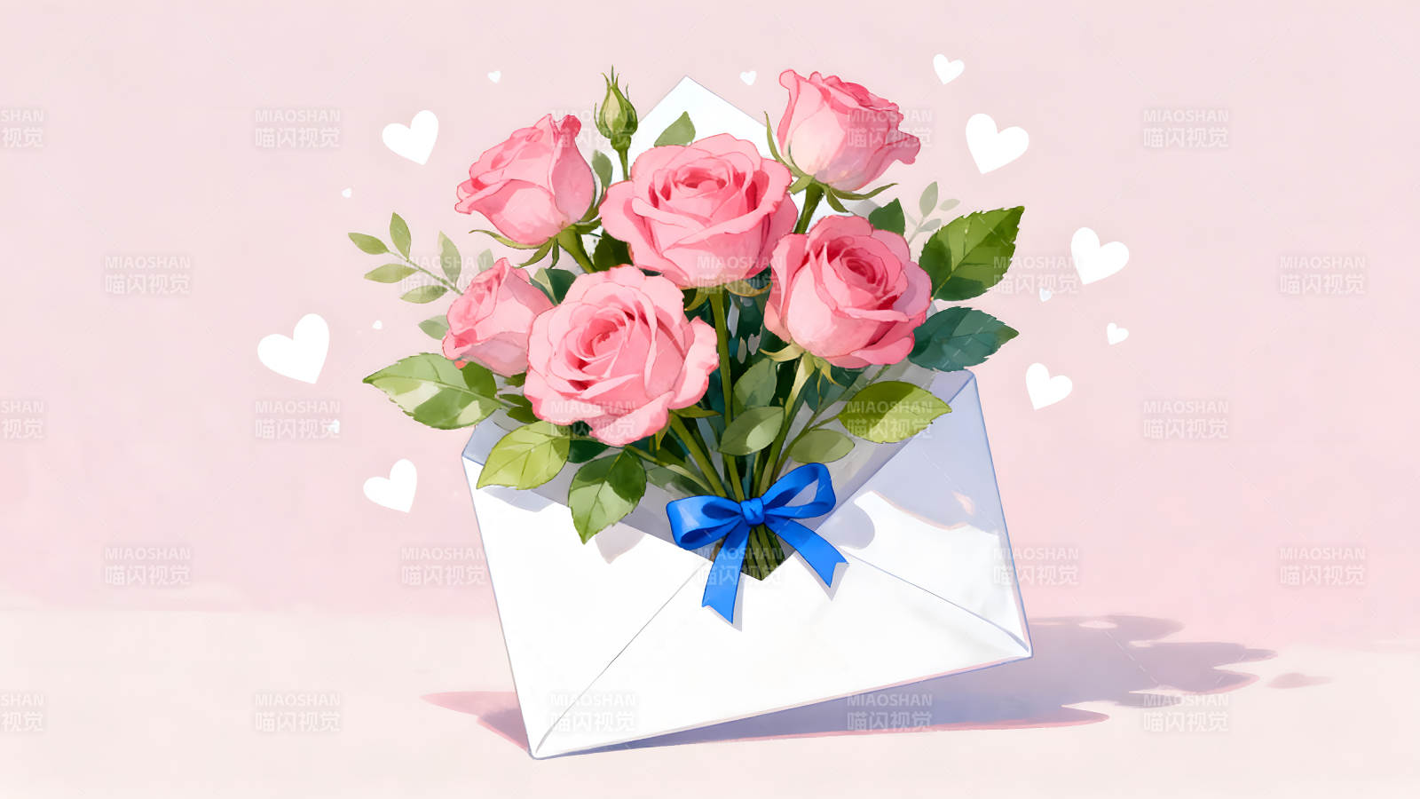 粉色玫瑰信封插画温馨浪漫图片