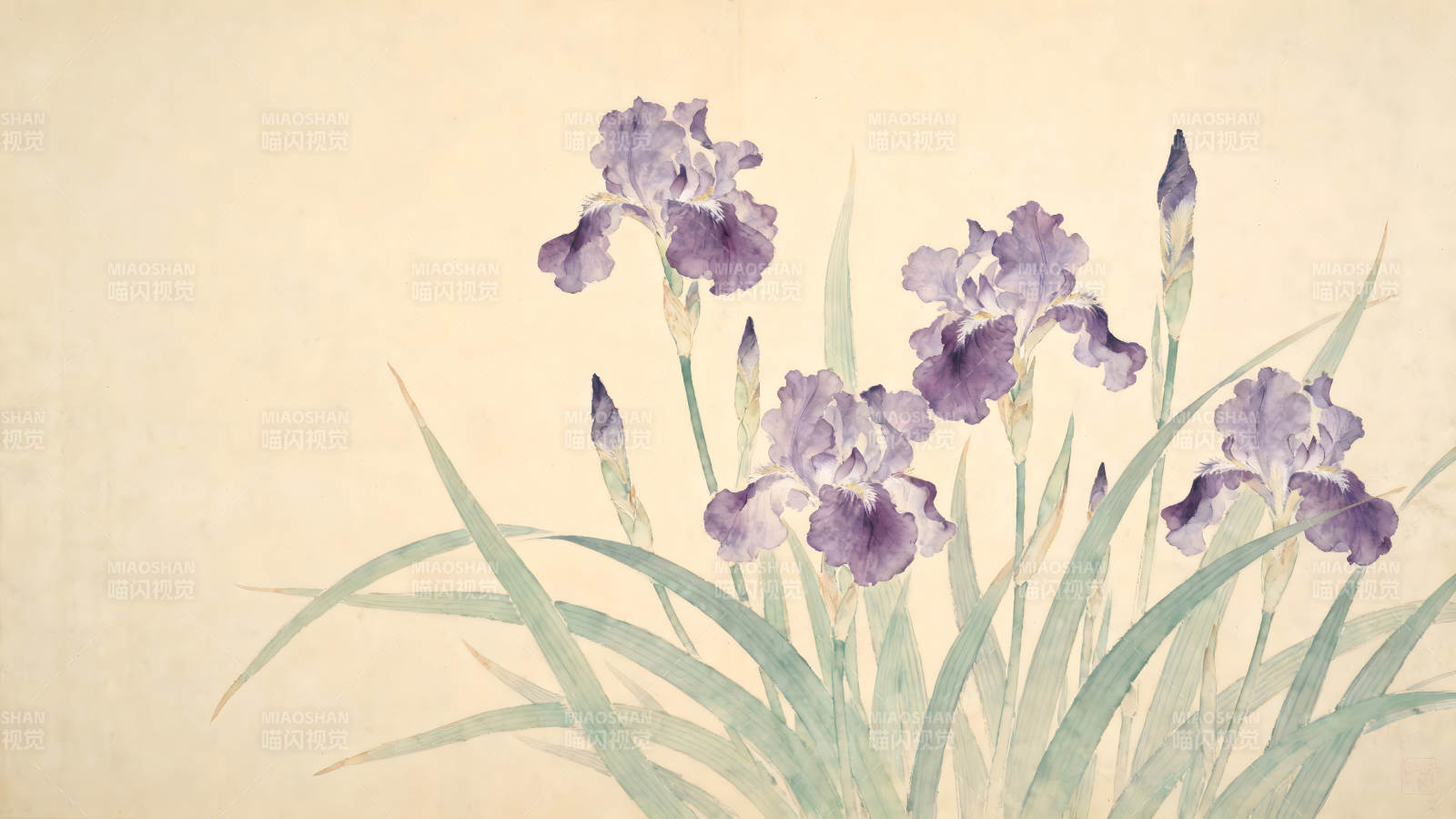 水墨紫鸢花盛开画作图片