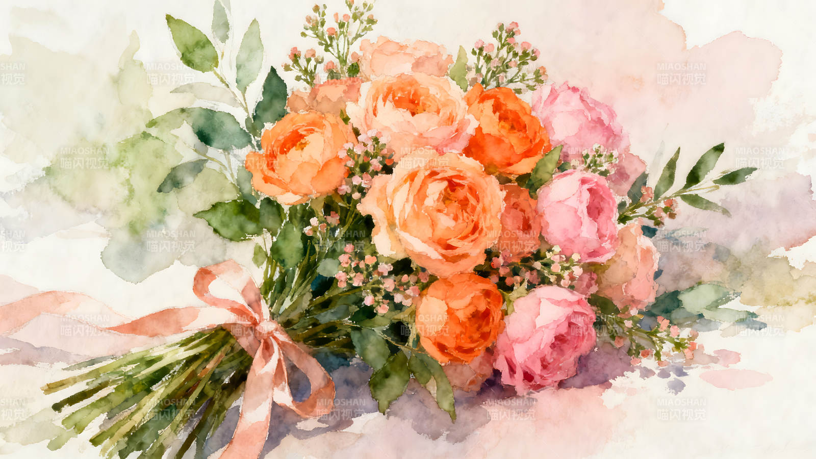 水彩玫瑰花束色彩鲜艳图片