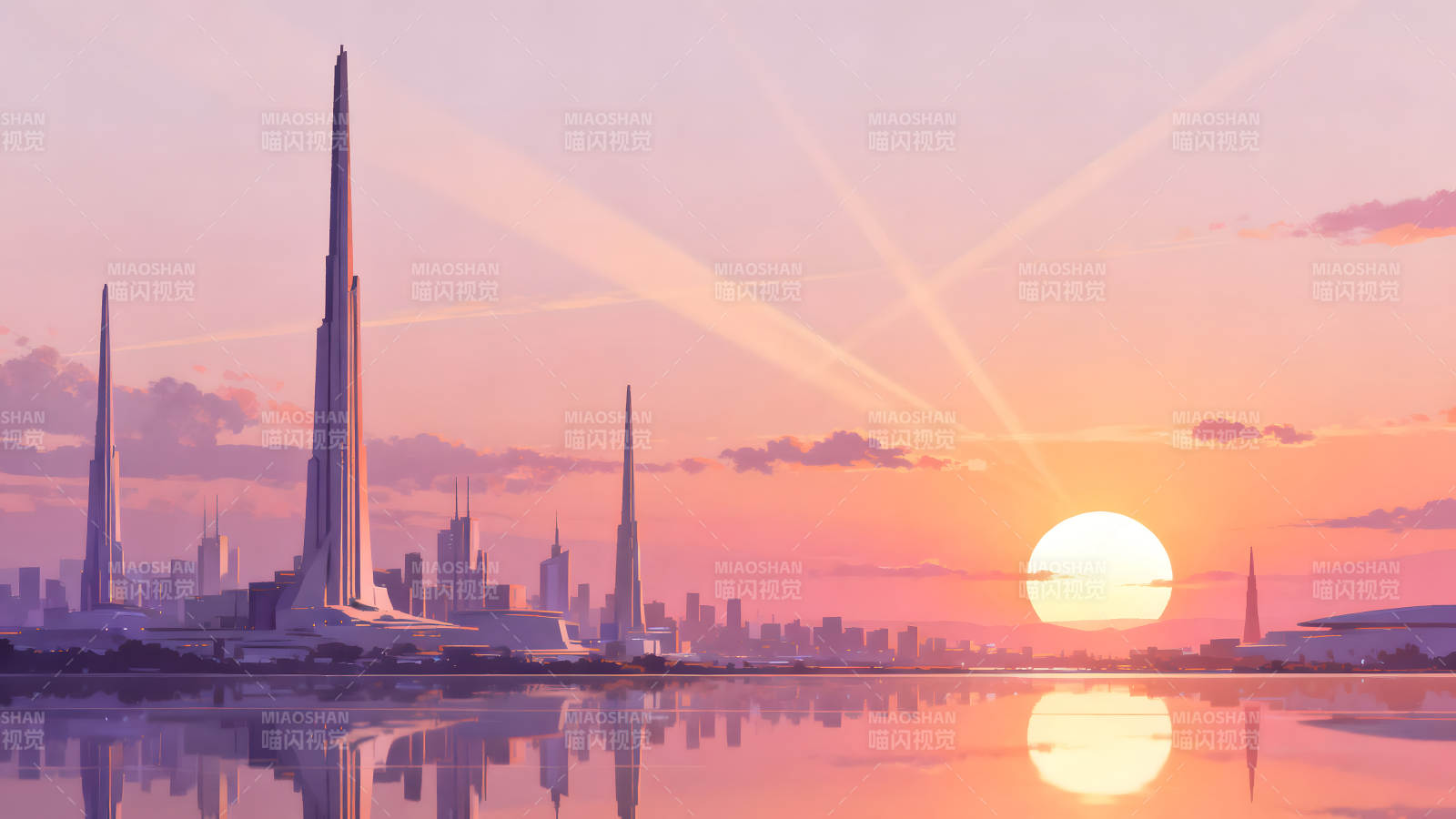 未来城市落日美景倒影辉映图片