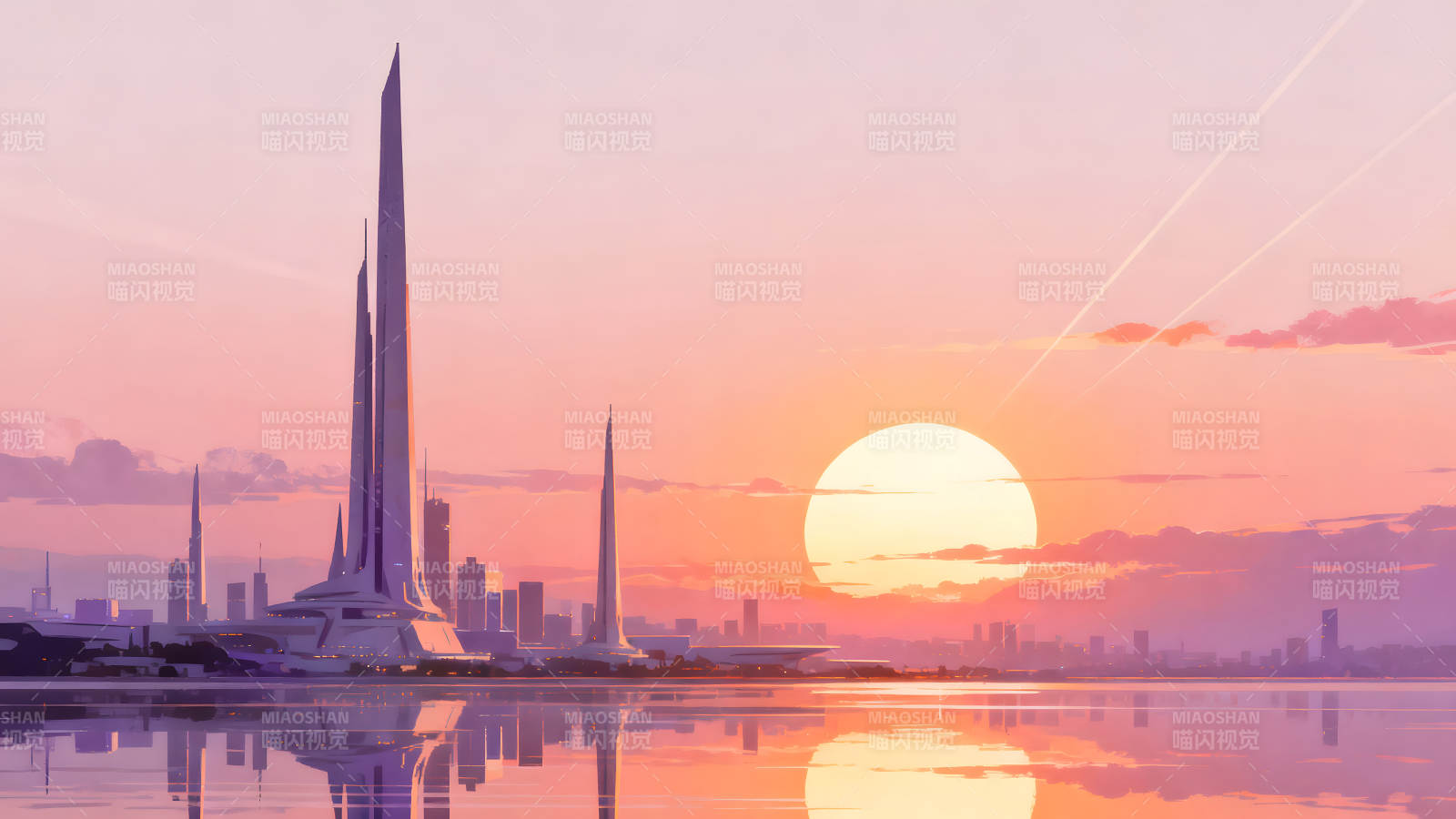 未来城市夕阳景象平静而美丽图片