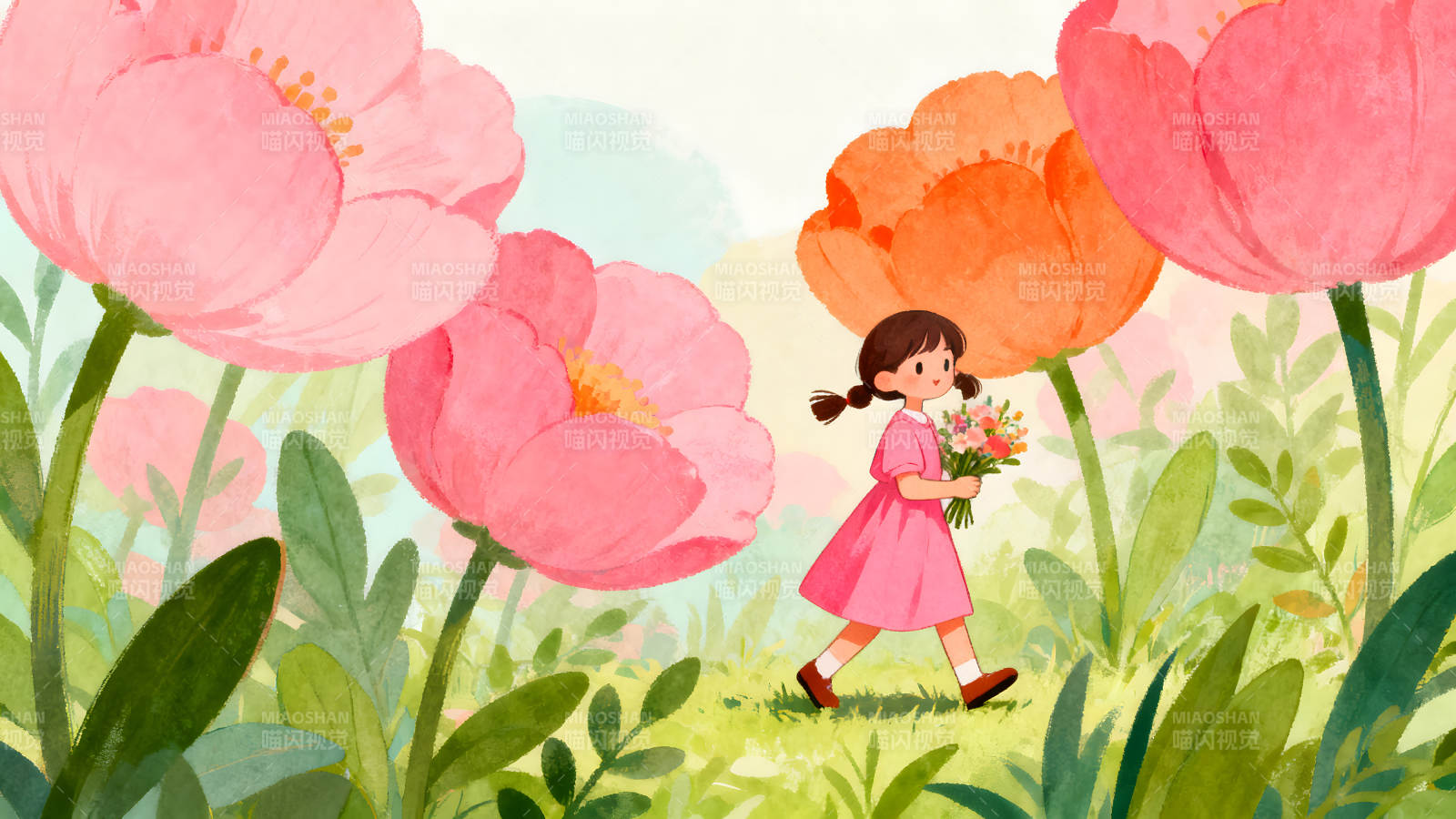 女孩在花丛中漫步手捧鲜花图片