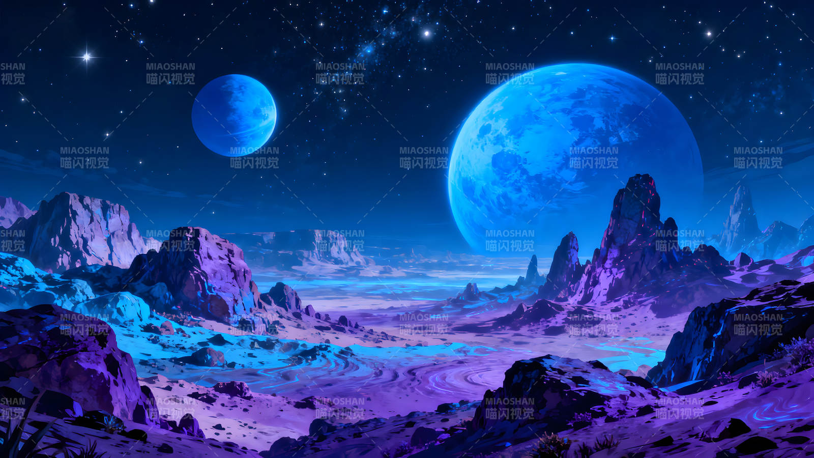 宇宙星球奇幻风景蓝色星球映衬下的奇特地貌图片