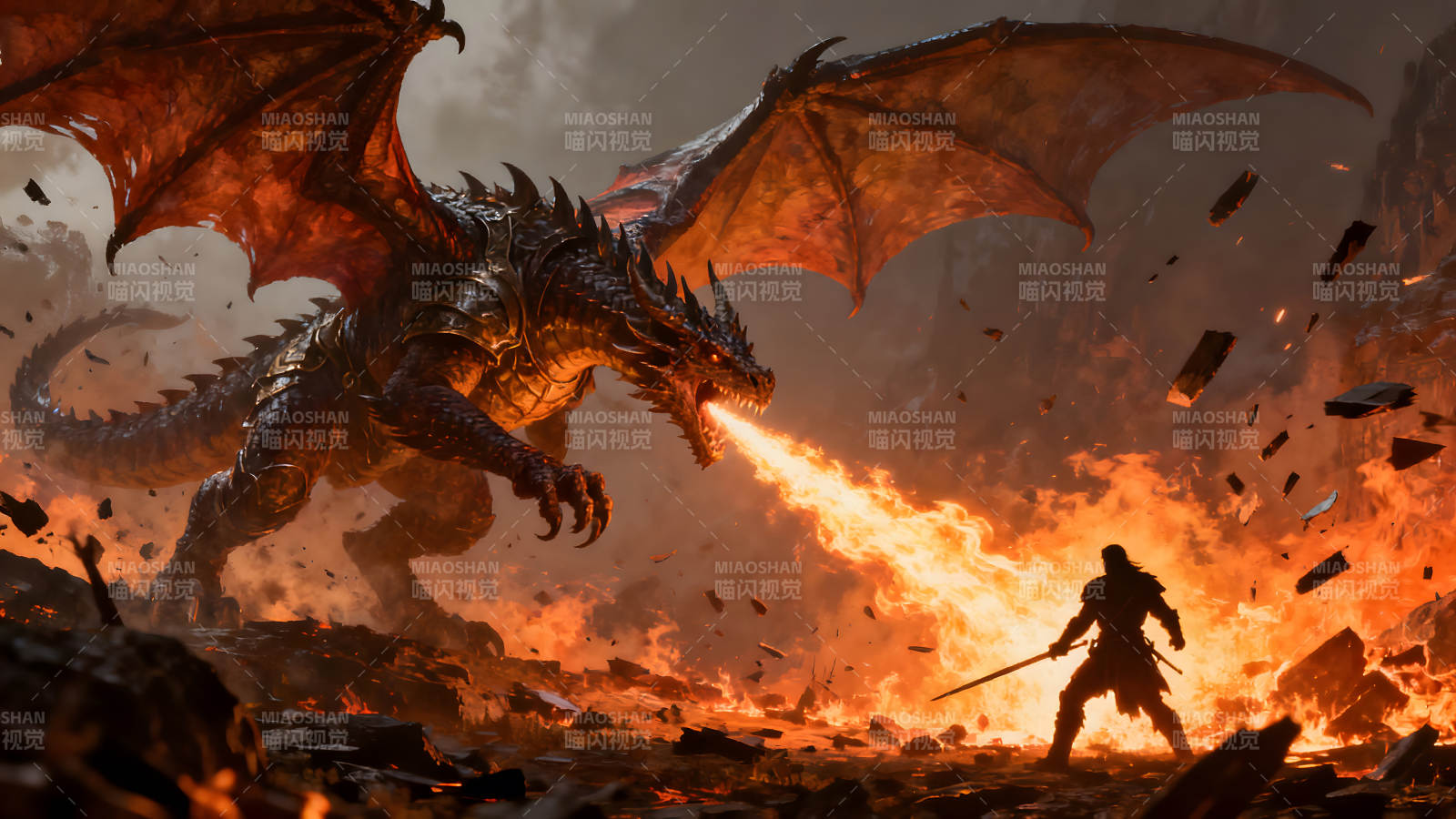 巨龙喷火勇士持剑对峙图片