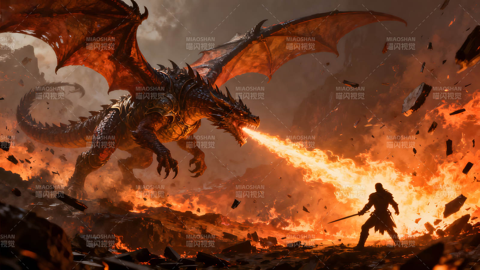 巨龙喷火勇士持剑对峙图片