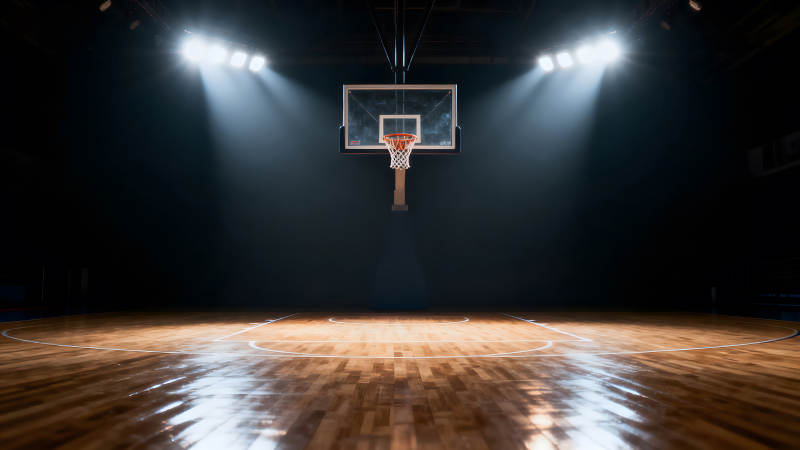 篮球场聚光灯下的篮筐图片