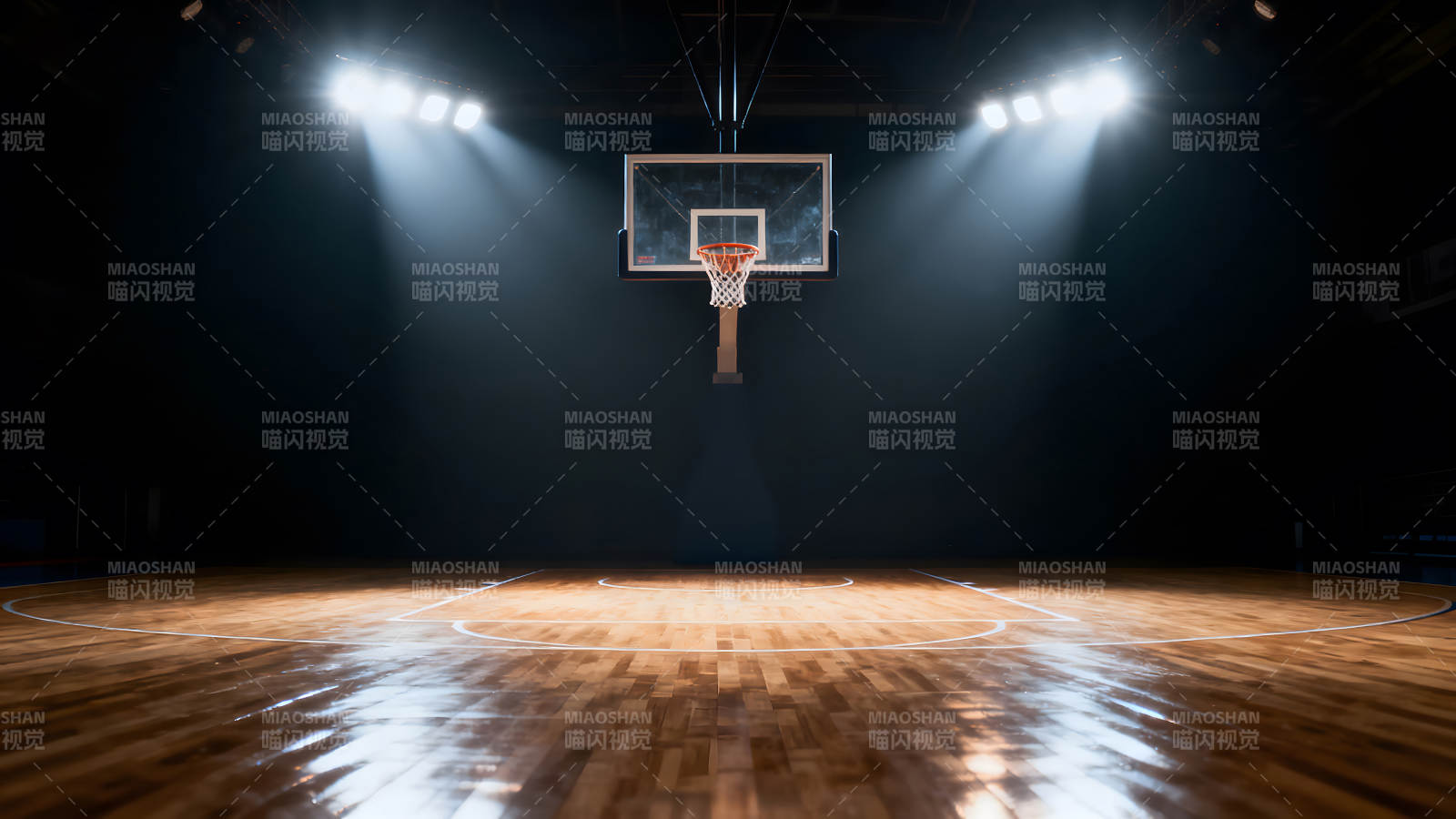篮球场聚光灯下的篮筐图片