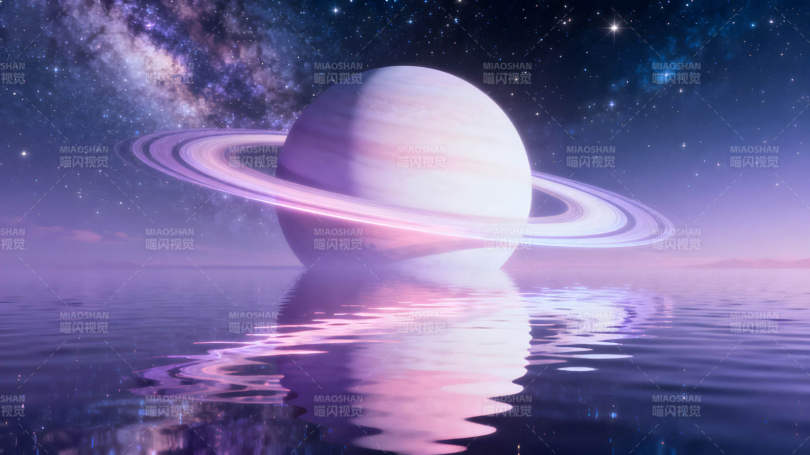 星空环绕行星水面梦幻倒影图片