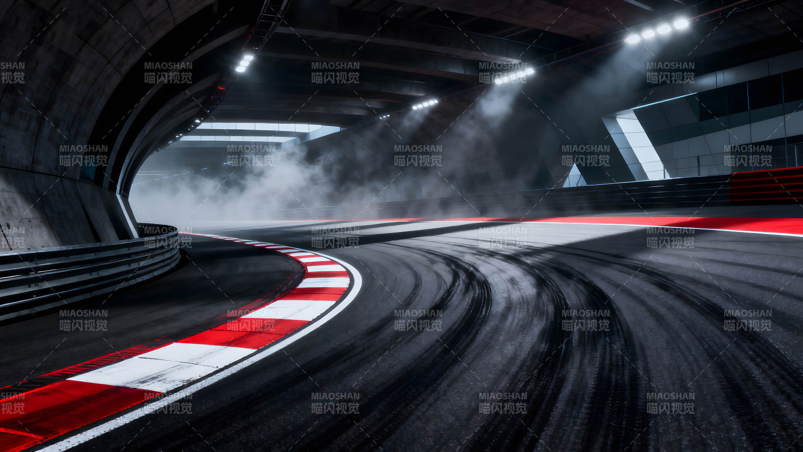 赛道弯道烟雾缭绕光影交错氛围感十足图片