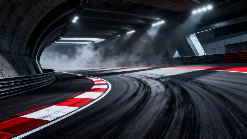 赛道弯道烟雾缭绕光影交错氛围感十足图片