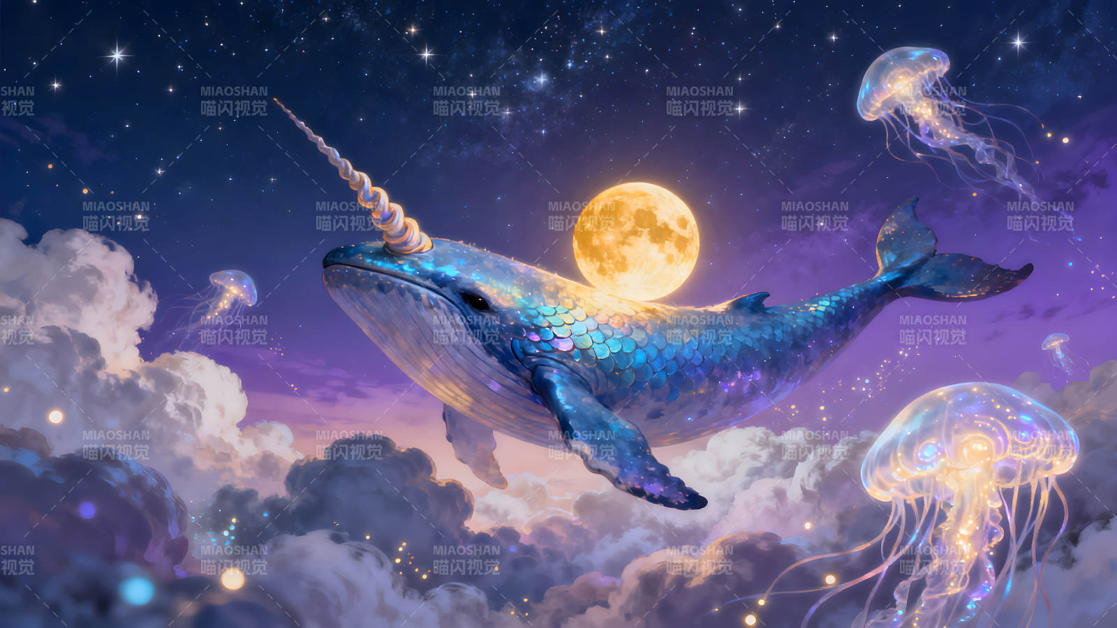 梦幻独角鲸夜空中遨游图片