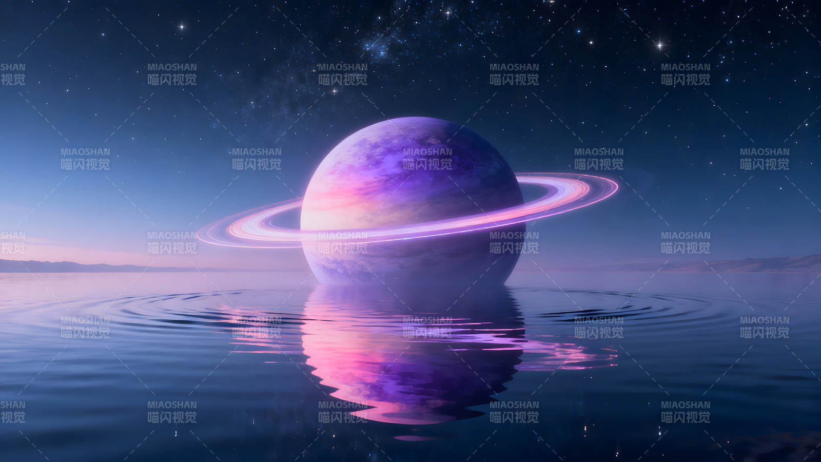 星空下的行星与水面倒影的梦幻景象图片