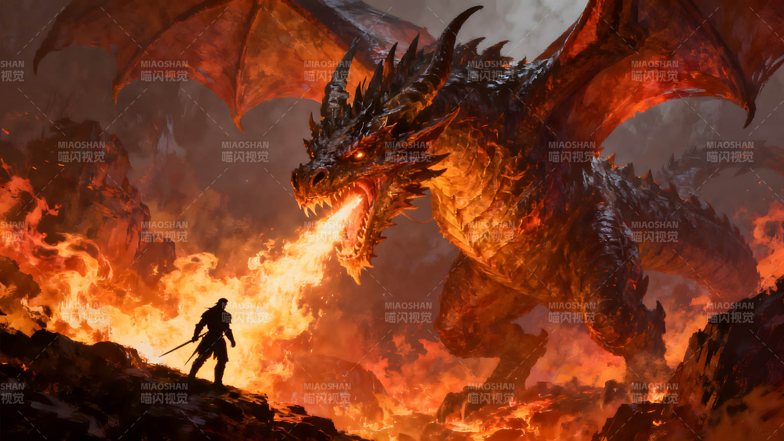 巨龙喷火骑士持剑战斗图片