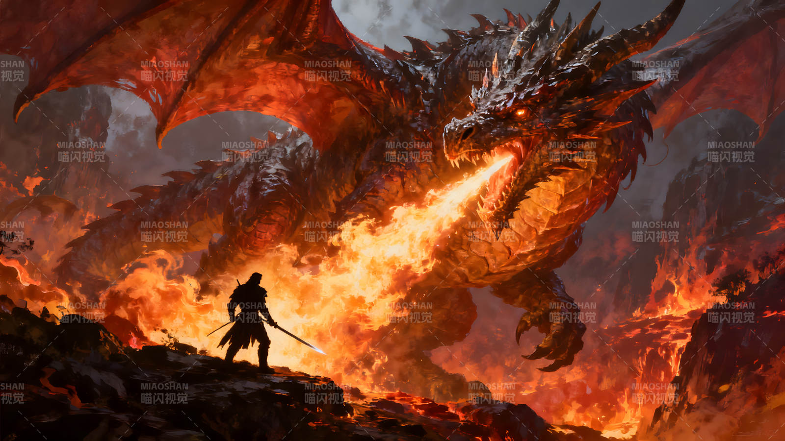 巨龙喷火与持剑战士的对抗图片