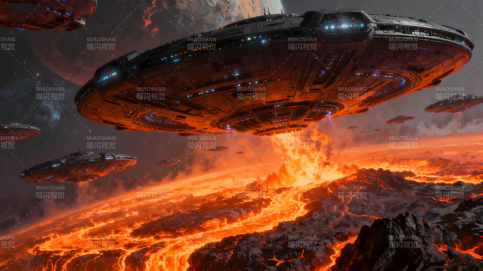 外星飞船掠过熔岩地貌场景图片