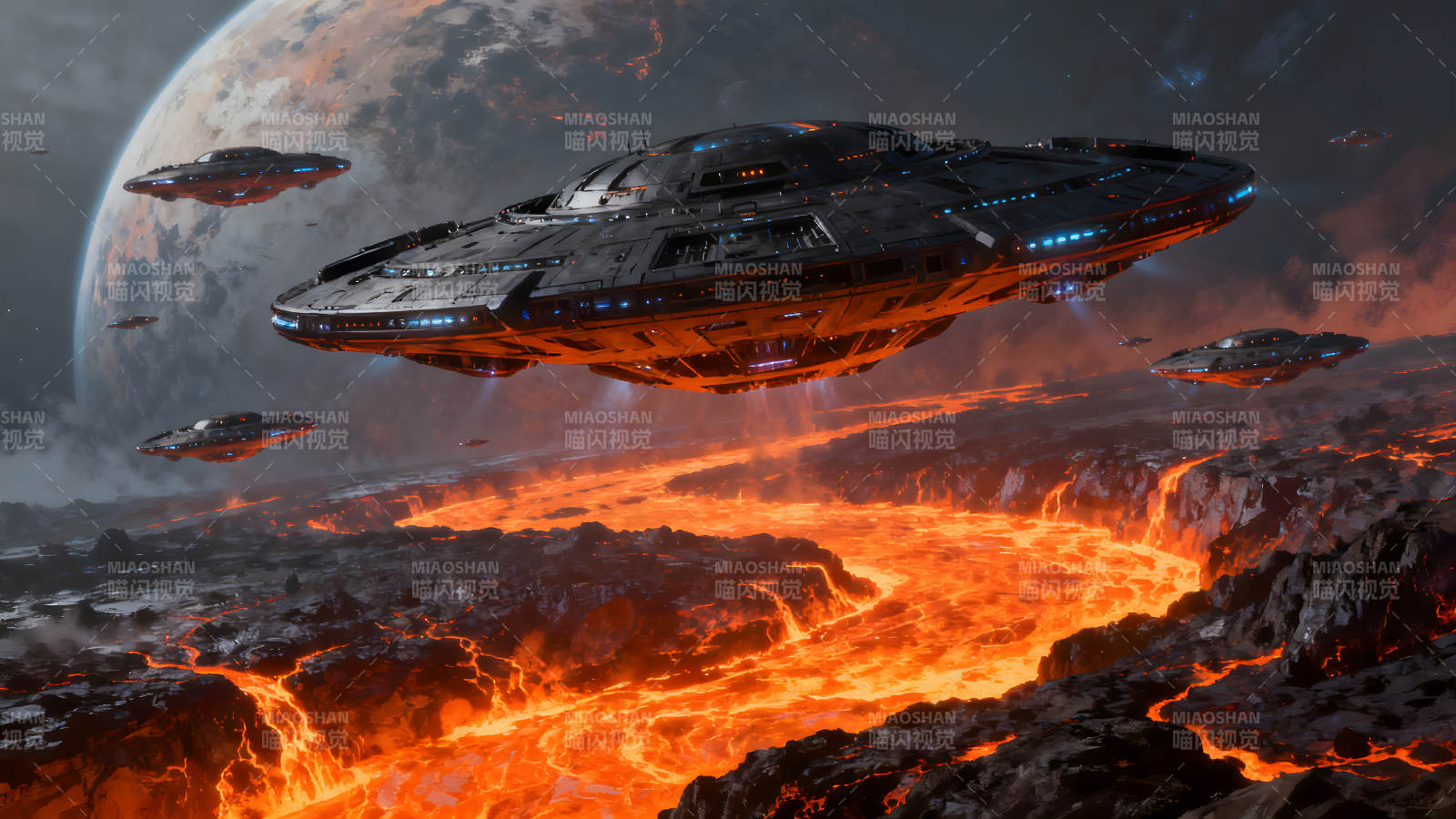 飞船飞过熔岩地貌行星图片