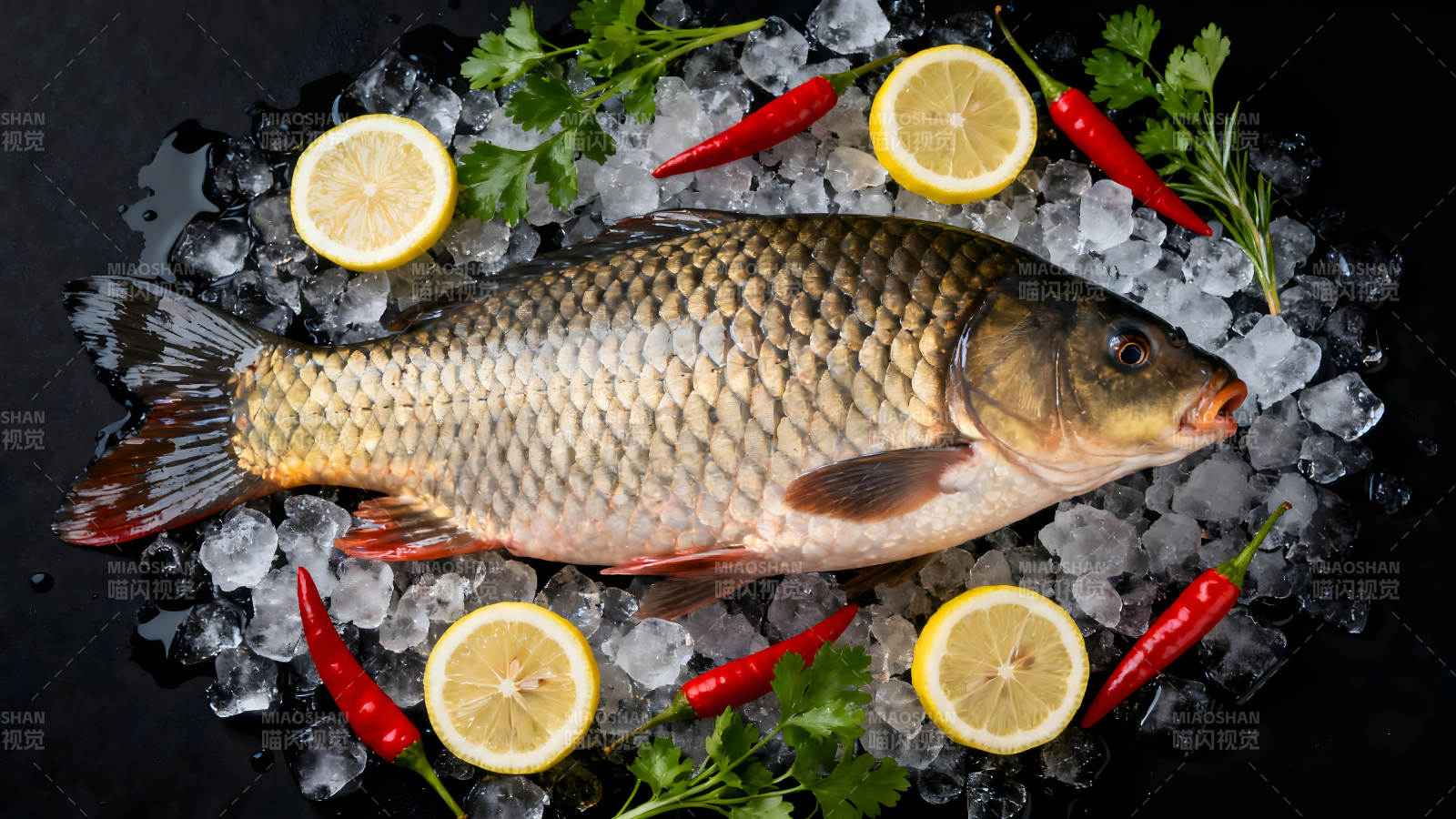 新鲜鱼类与食材摆盘特写图片