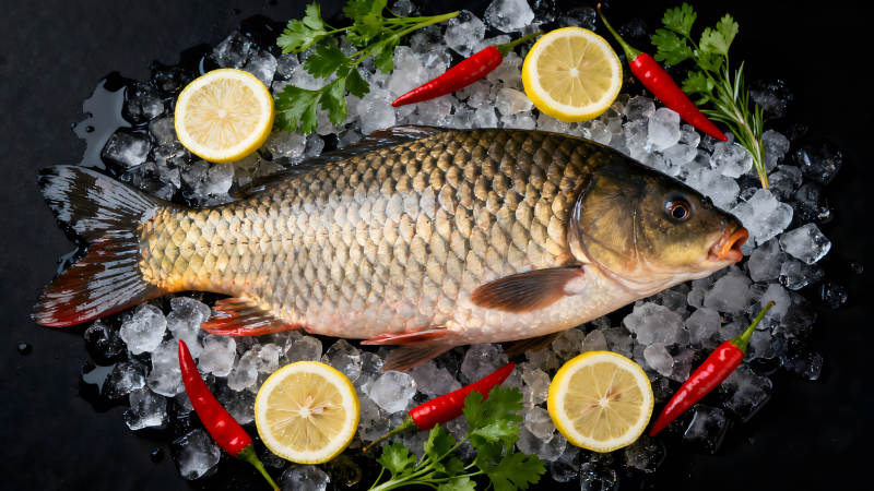 新鲜鱼类与食材摆盘特写图片