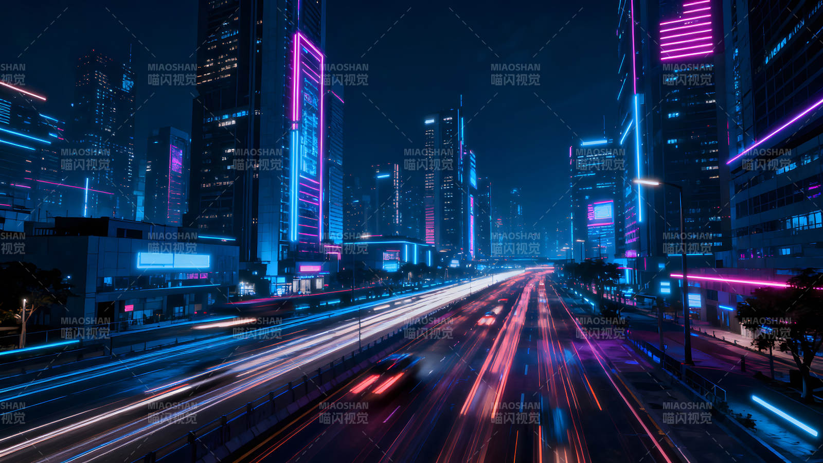 霓虹灯城市夜景车辆行驶光影图片