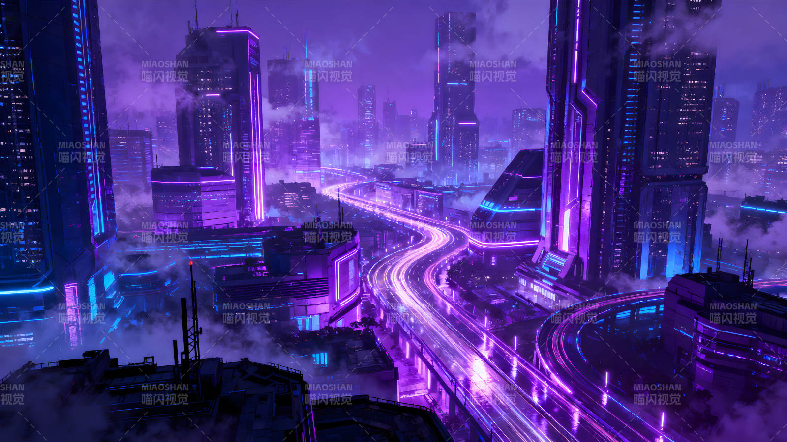 赛博朋克城市夜景霓虹灯光璀璨图片