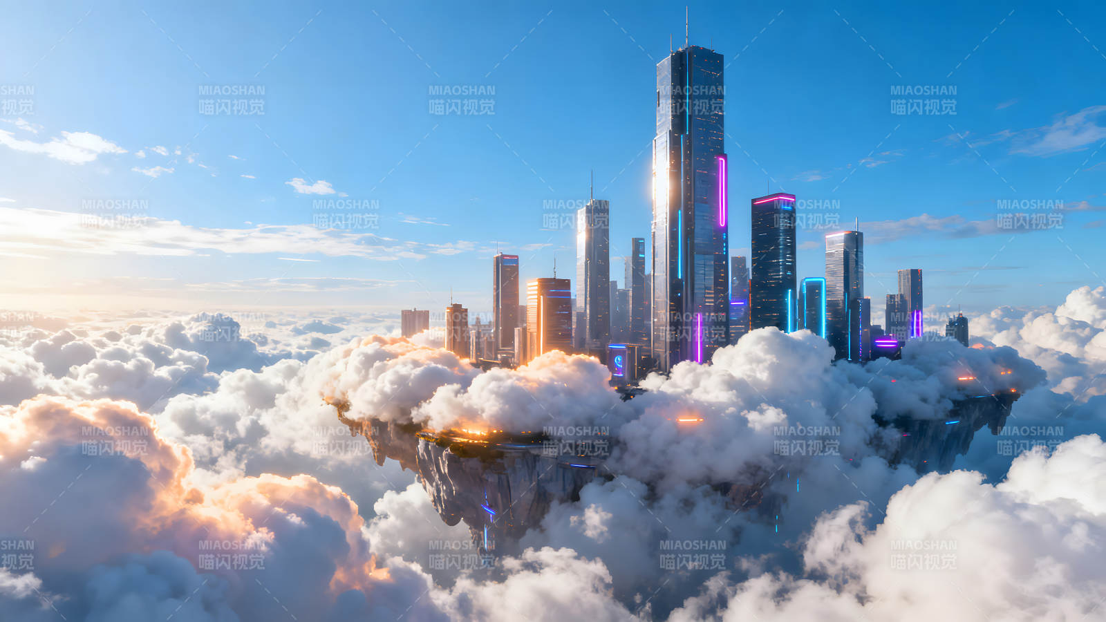 天空之城未来都市悬浮于云海之上图片