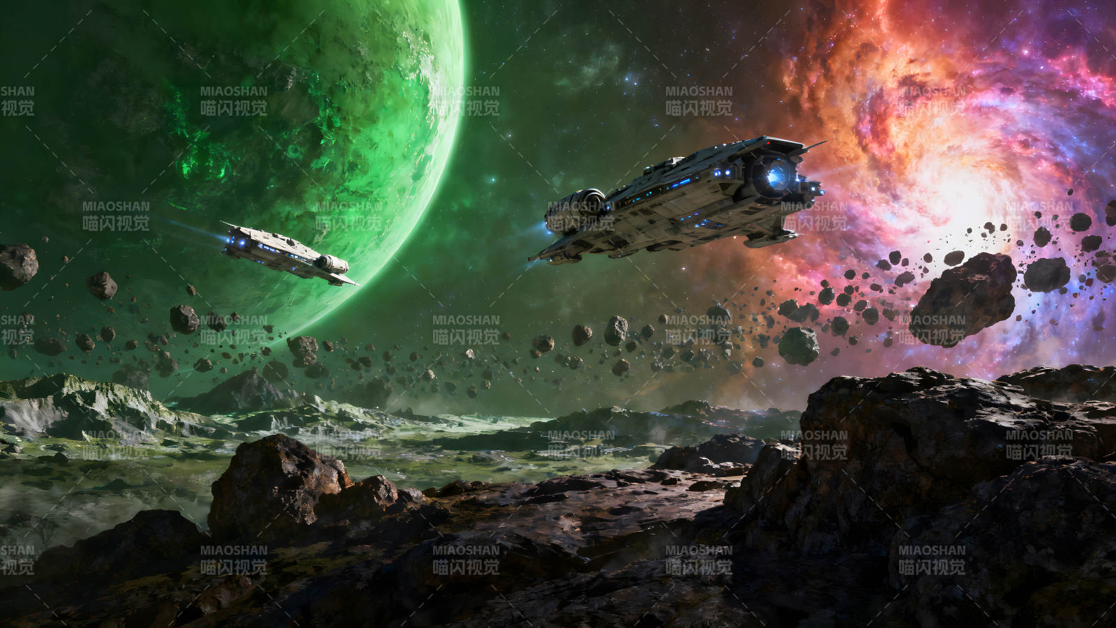 星际飞船穿梭于宇宙陨石带图片