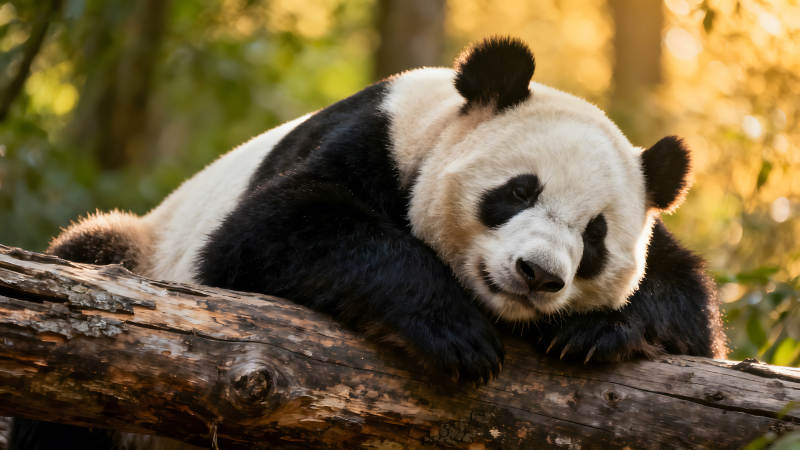 熊猫在树干上休息享受阳光图片