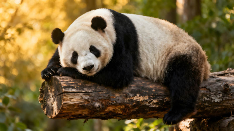 熊猫躺在木头上放松休息图片