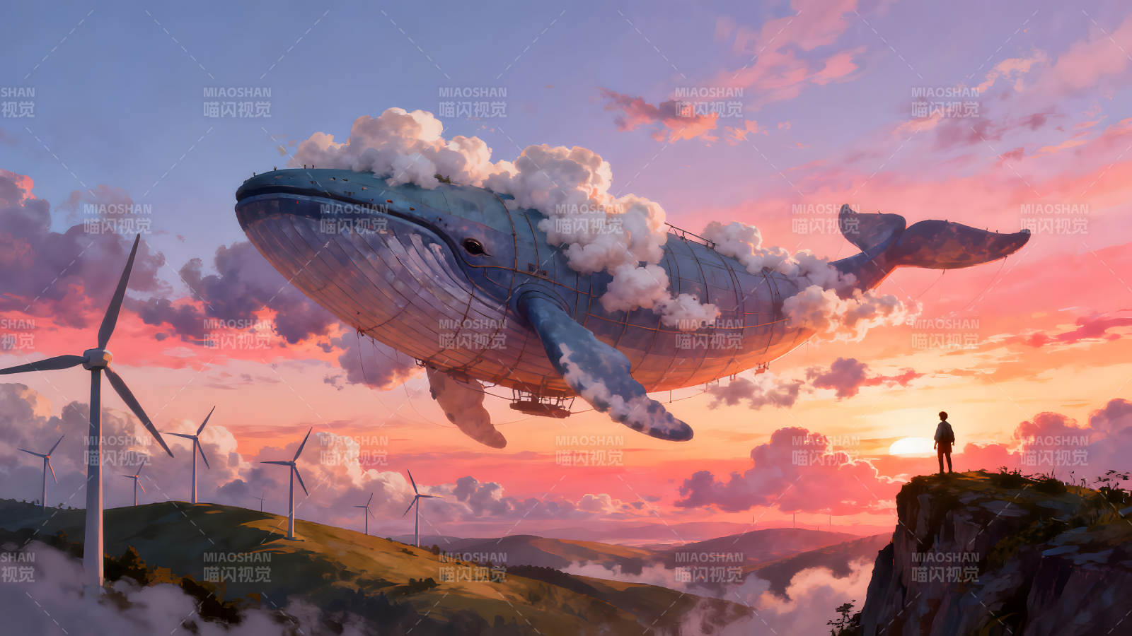 天空巨鲸遨游夕阳之下图片