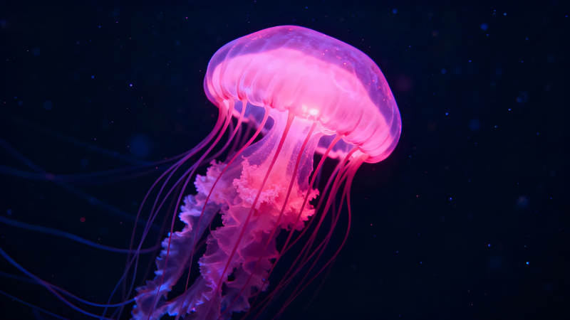 粉色水母在黑暗中漂浮发光图片