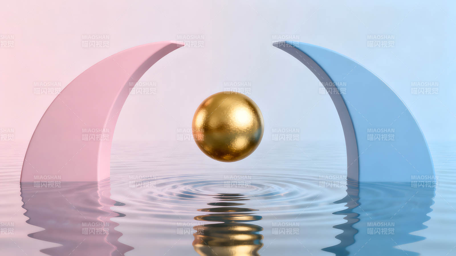 粉蓝拱形与金球漂浮水面图片