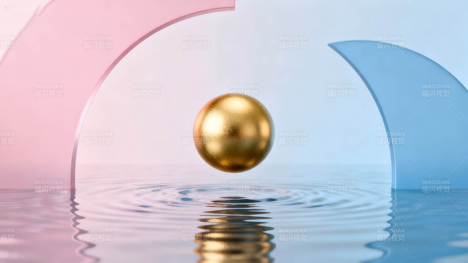 金色球体与水波纹的抽象艺术图片