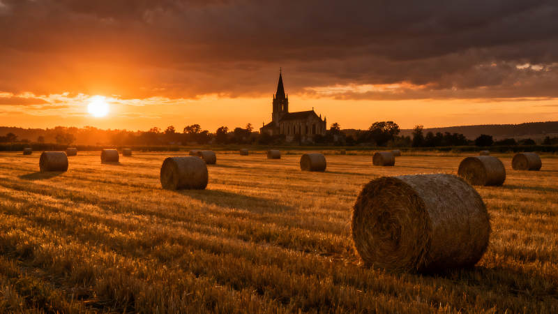 金色麦田教堂夕阳美景图片