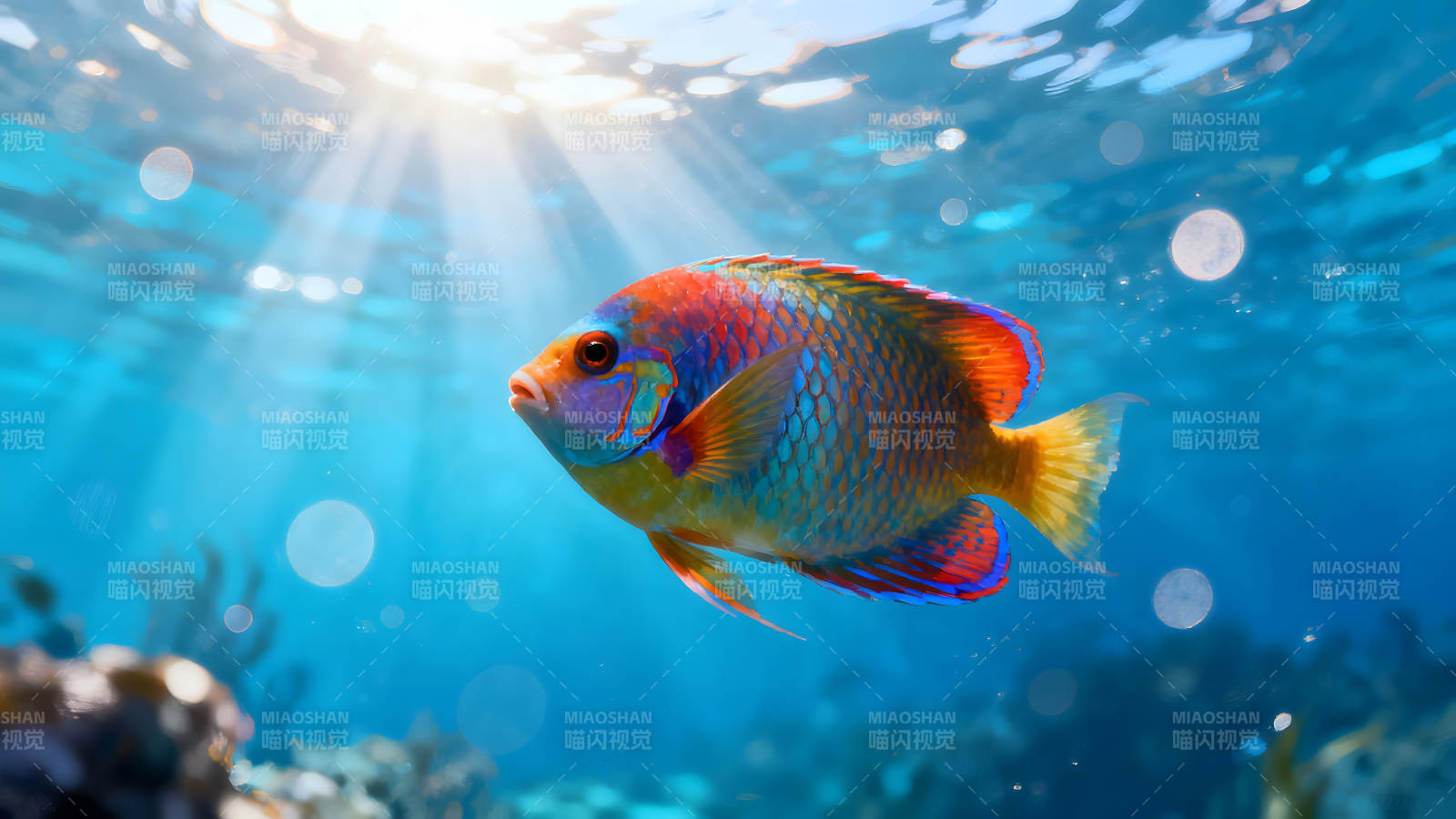 水中彩鱼阳光洒下图片