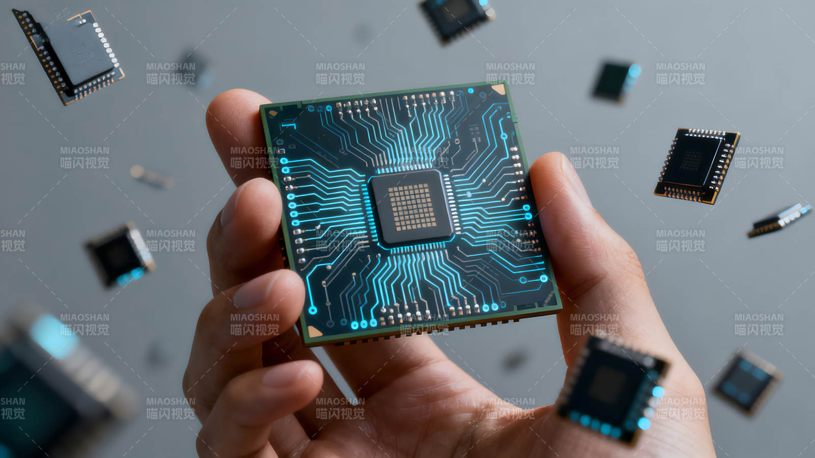 手持芯片电路板周围漂浮芯片图片