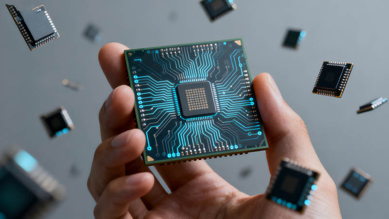 手持芯片电路板周围漂浮芯片图片