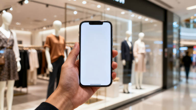 手持手机在商场购物图片