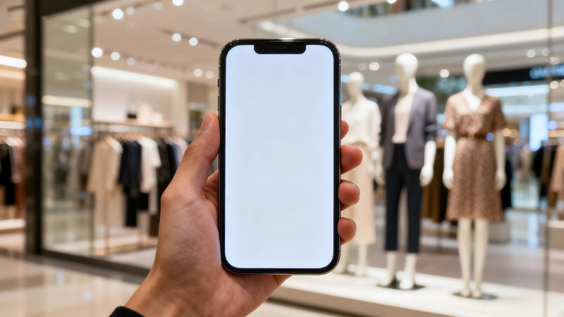 手持手机展示服装店背景图片