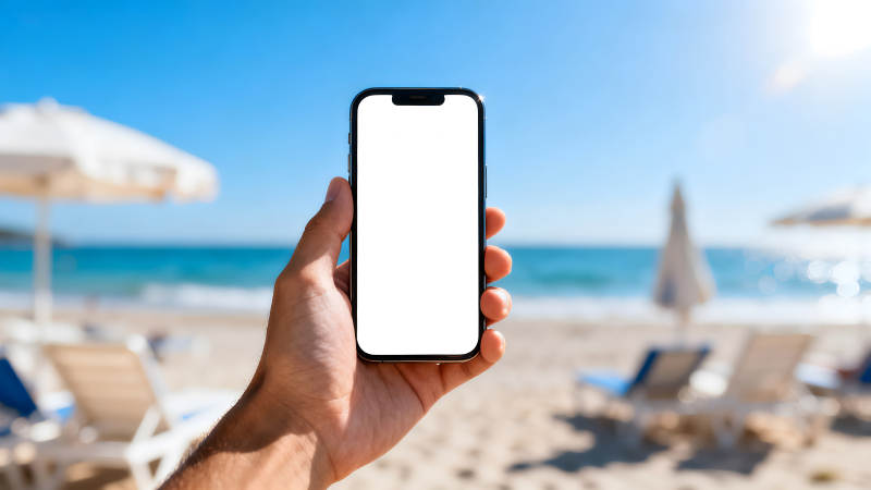 手机显示屏在海滩上图片