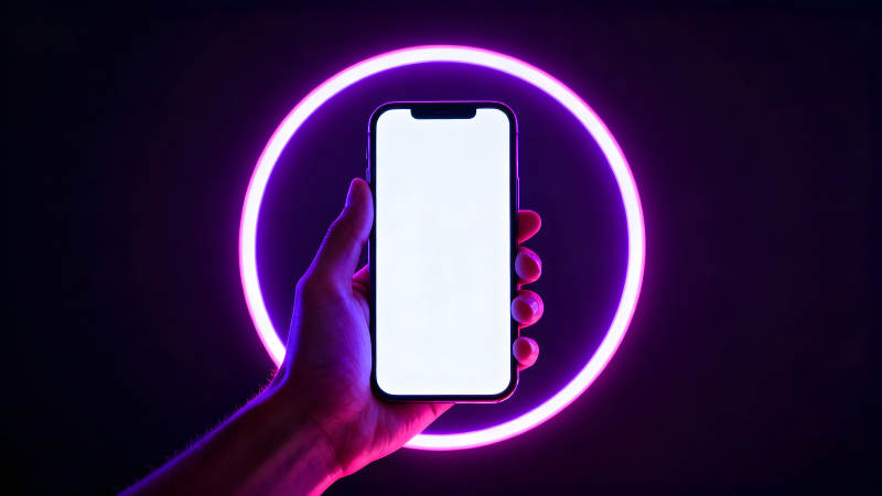 手持手机在紫光圈中图片