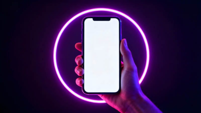 手机在霓虹灯光环下的展示图片