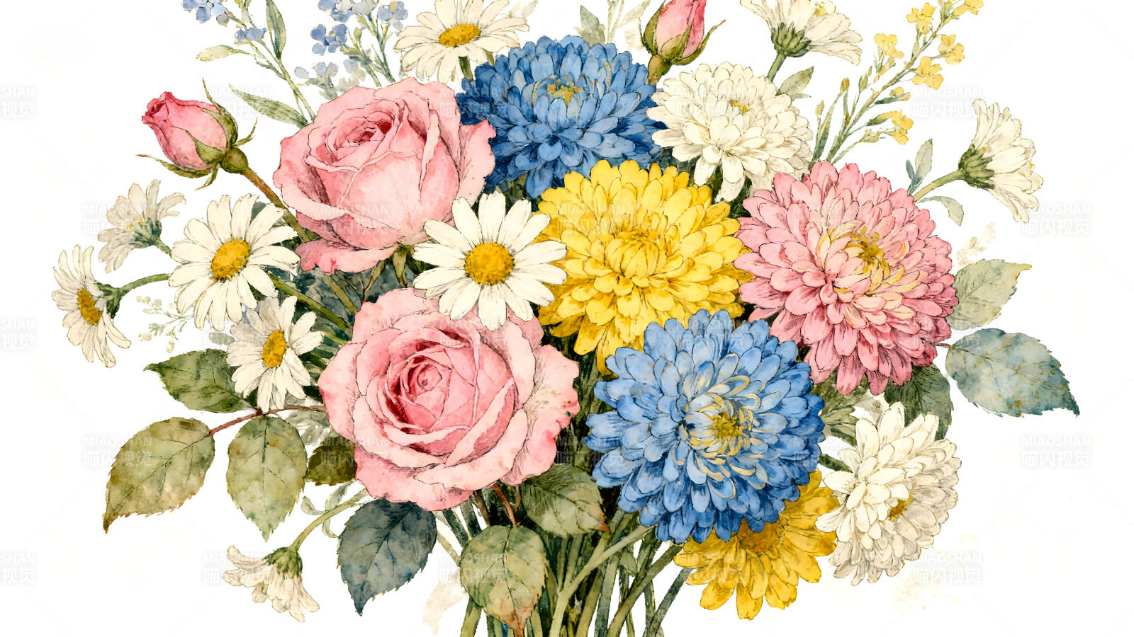 水彩花束颜色鲜艳美丽绽放图片