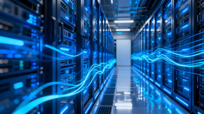 数据中心服务器蓝色光线连接图片