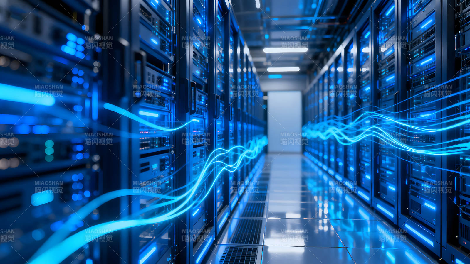 数据中心服务器蓝色光线连接图片