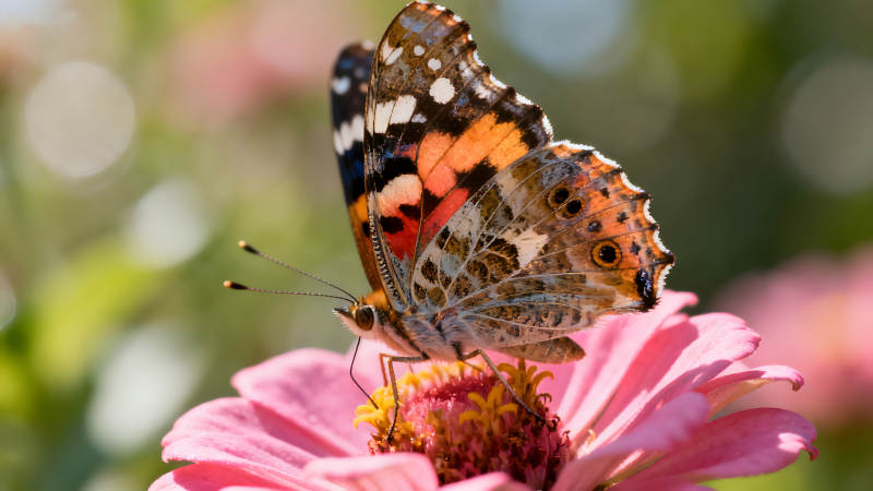 蝴蝶栖息在粉色的花朵上图片