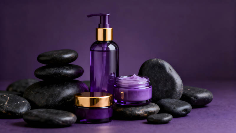 紫色护肤品和黑色石头静物图片