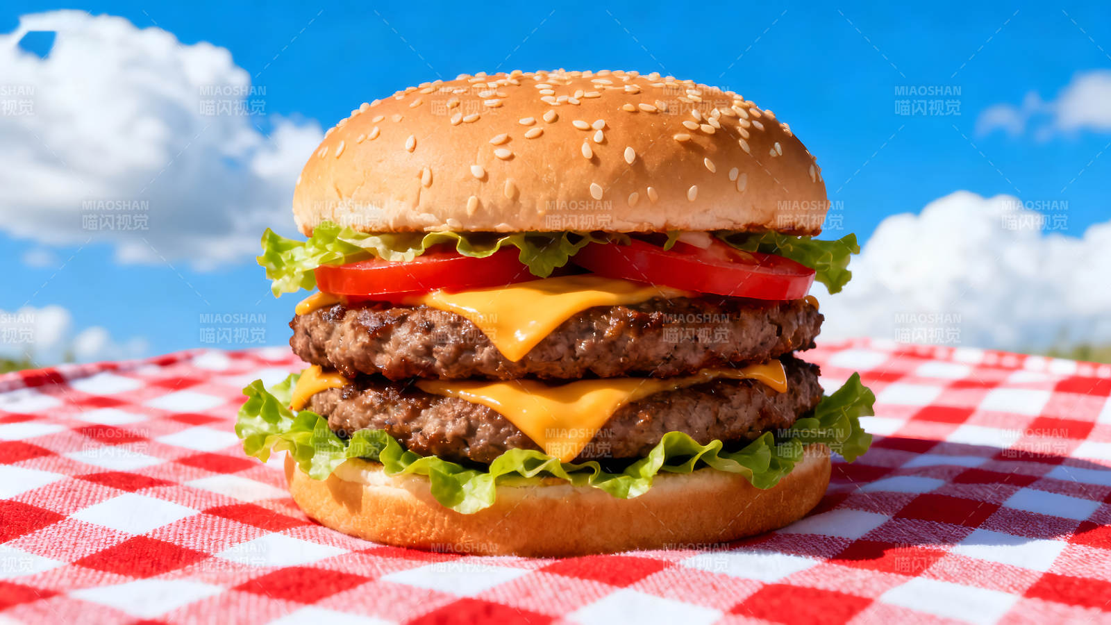 美味双层芝士汉堡户外野餐图片