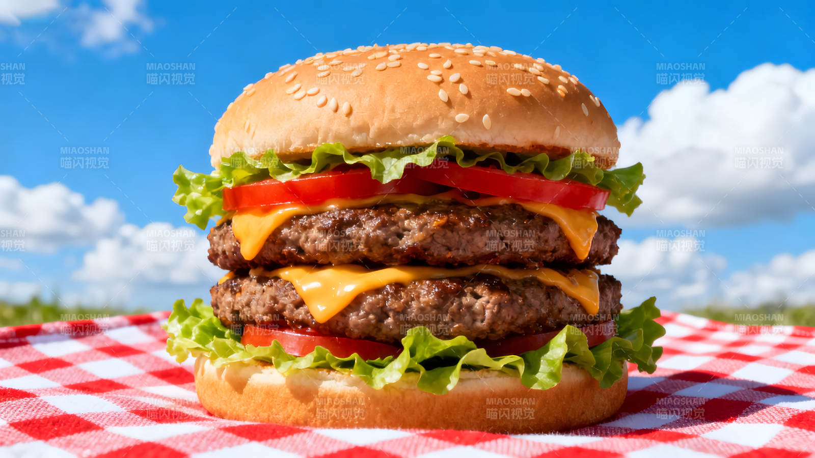 美味汉堡双层芝士搭配番茄生菜图片