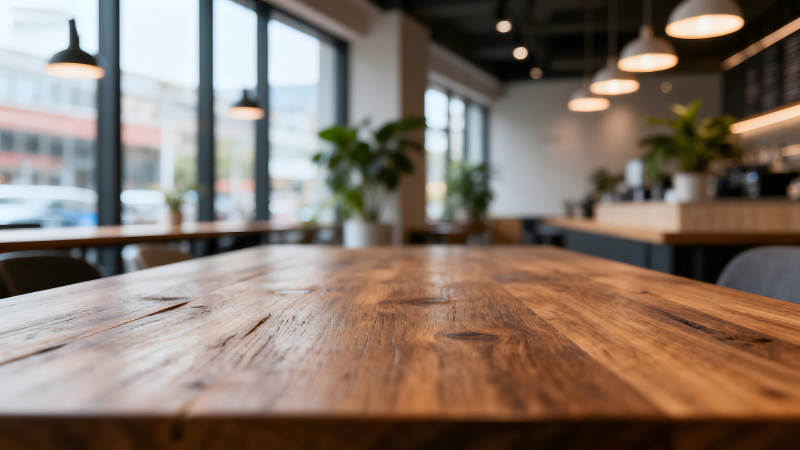 咖啡馆内木桌特写温馨光线下图片